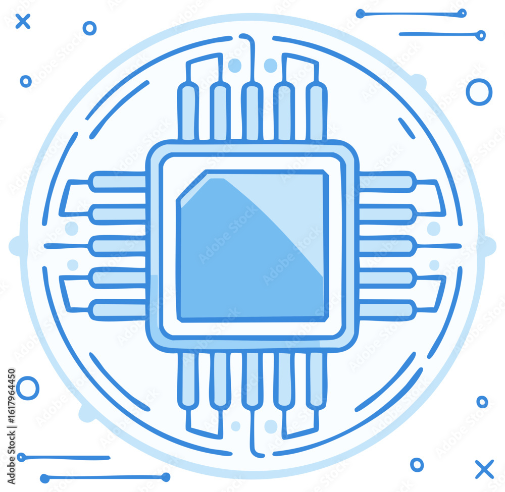 Aufkleber blue line art illustration of a cpu microchip processor for digital technology and computing concept