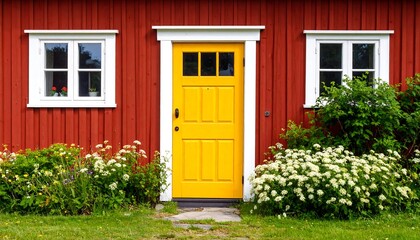 Red house with yellow door and flowers