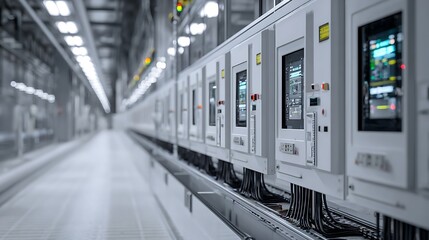A long row of white server racks with screens in a tunnel like industrial environment with cables