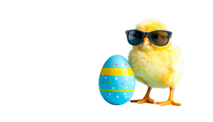 Happy Easter concept greeting card – Cool cute yellow chick wearing sunglasses, standing next to a colorful decorated Easter egg, isolated on png