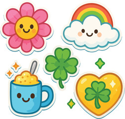 A charming collection of stickers featuring lucky charms and happy elements for your designs.