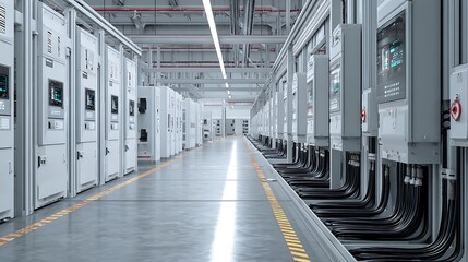 Long corridor with electrical panels and wiring in a modern industrial manufacturing facility