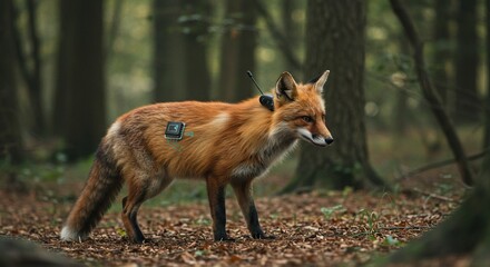 The Monitored Wild: A Red Fox with Futuristic Tracking Implants in the Forest