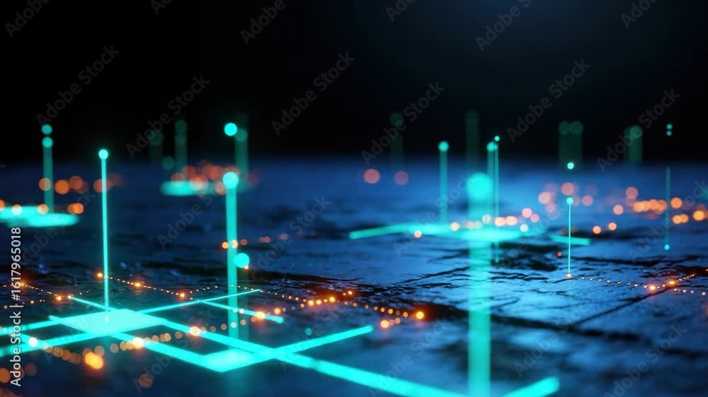 Poster a futuristic digital landscape showcasing glowing blue and orange data points on a textured surface 