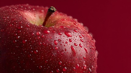 A close up shot of a red apple covered in water droplets against a red background in studio light