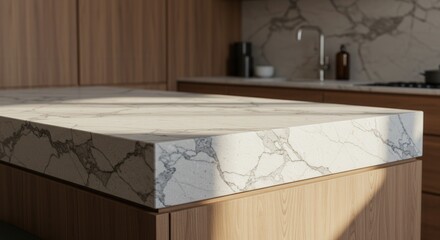 Modern kitchen countertop with marble surface and wooden cabinetry  