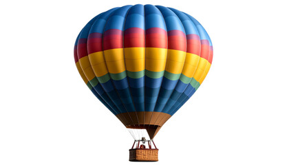 Fototapeta premium Hot air balloon isolated on transparent background, colorful fabric envelope with basket, realistic lighting and soft shadows, ideal for travel and adventure themed designs
