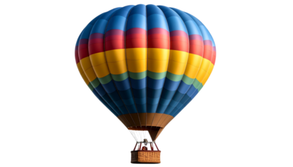 Hot air balloon isolated on transparent background, colorful fabric envelope with basket, realistic lighting and soft shadows, ideal for travel and adventure themed designs