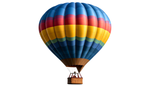 Hot air balloon isolated on transparent background, colorful fabric envelope with basket, realistic lighting and soft shadows, ideal for travel and adventure themed designs - Powered by Adobe