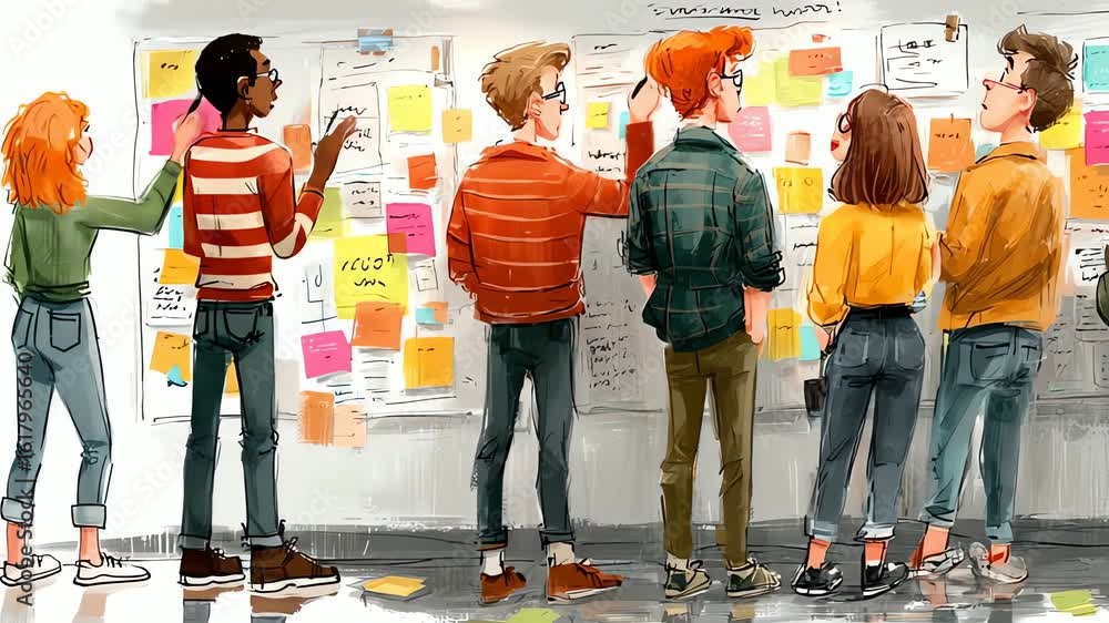 Poster brainstorming session team collaborating with sticky notes