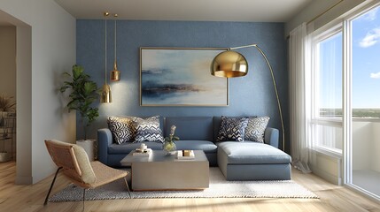 A modern living room with blue walls, a sectional sofa, and a large window with natural light