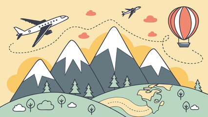 Naklejka premium Adventure Travel: Airplane, Hot Air Balloon Over Majestic Mountains, Linear Style Illustration, Warm Pastel Color Palette, Journey Concept, Scenic Flight, Exploration Theme, Vacation Destination.