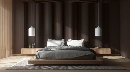 Bedroom with wooden slat wall and platform bed with hanging pendant lights and side tables