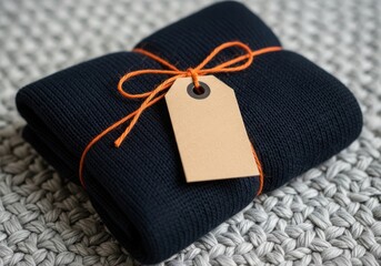 Neatly folded dark fabric gift wrapped with orange twine and blank tag