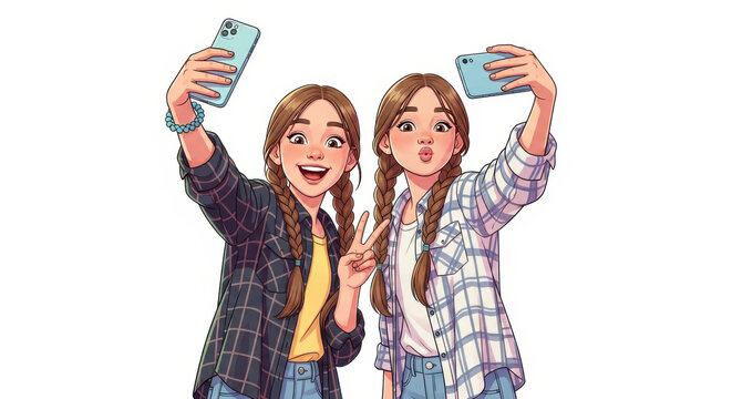 Cheerful animated young girls with braided hair taking a selfie with smartphones, depicting friendship and modern social connection