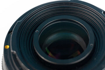 Lens Viewpoint Abstract closeup of camera optics on white background.