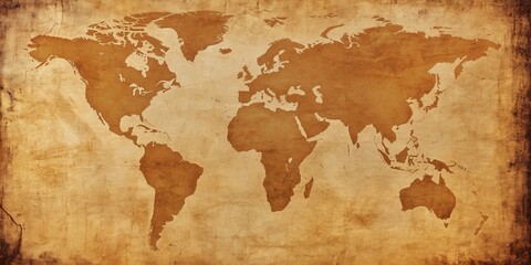 Vintage Antique World Map on Parchment with Sepia Tones and Grunge Textures for Historical Themes