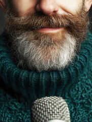Close up portrait of bearded man with full gray brown facial hair wearing cozy teal knit sweater holding microphone.