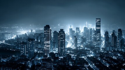 Aerial view of a city skyline at night with illuminated buildings and a hazy atmosphere in blue tones