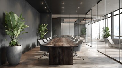 Conference room with a long wooden table surrounded by chairs and plants in pots near the wall