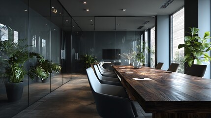 A modern conference room with a long wooden table and glass walls surrounded by plants and chairs