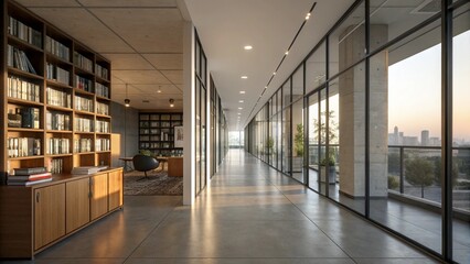 Empty interior of a long, clean building corridor with light from windows and a modern ceiling design