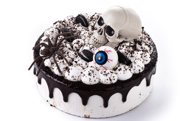 Spooky Halloween chocolate Cake isolated on white background