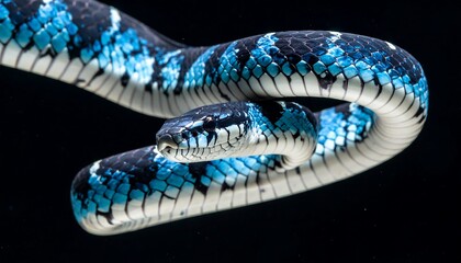Captivating blue snake portrait against a stark black background, wildlife photography