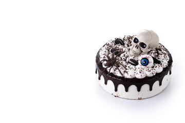 Spooky Halloween chocolate Cake isolated on white background. Copy space
