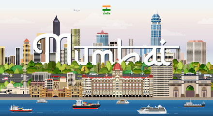Naklejka na ściany i meble Mumbai cityscape colorful vector illustration with big city name on the background. Travel trendy poster