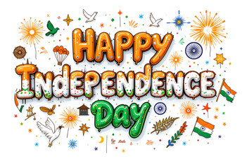 Happy India Independence Day Typography Celebratory Indian National Holiday Design Patriotic Decorations and Fireworks Illustration