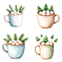 Watercolor set of winter cocoa or chocolate cups with marshmallows and christmas tree branches on transparent background