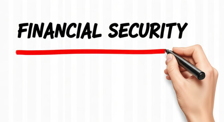 A hand holding a black marker underlining the bold text "FINANCIAL SECURITY" with a thick red line on a white background