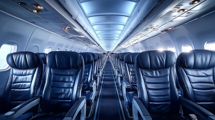 Interior view of passenger seats inside airplane cabin with overhead lighting system visible above