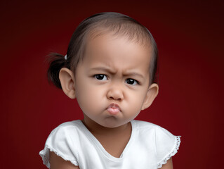 Toddler with puffy cheeks frowning expression dark hair white shirt studio portrait red background emotion closeup