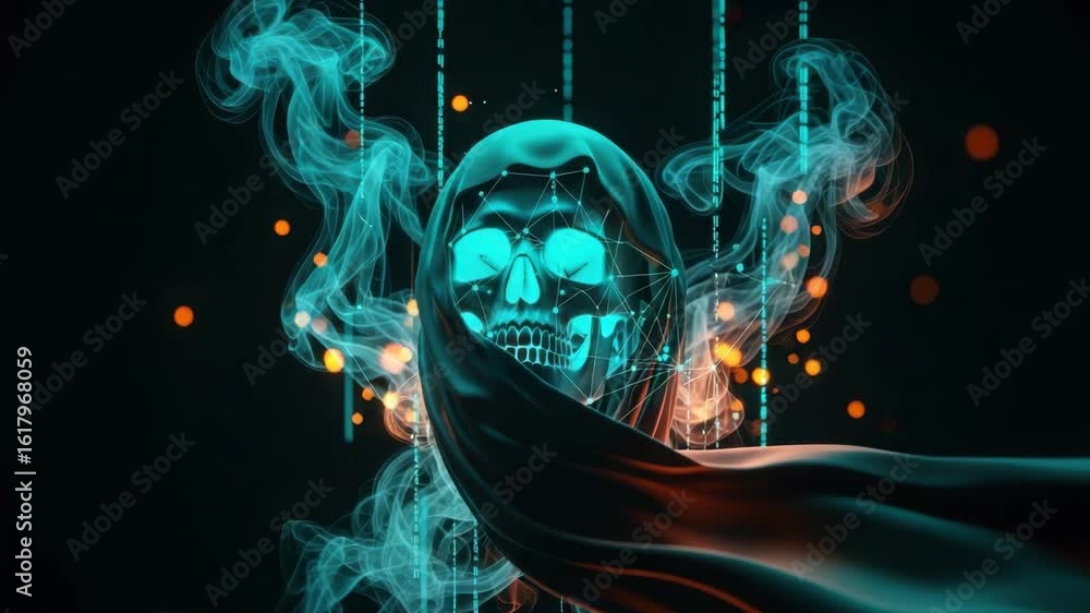 Poster a futuristic digital skull surrounded by ethereal smoke and glowing particles symbolizing the inters