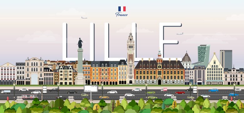 Lille cityscape colorful vector illustration with big city name on the background. Travel trendy poster