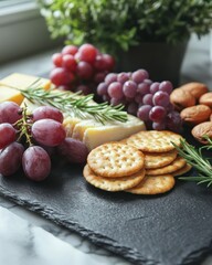 Assorted cheeses, grapes, crackers, and nuts on a slate board
