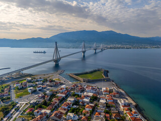 Greece Peloponnese Rio Antirio Bridge highway connection with the mainland aerial images