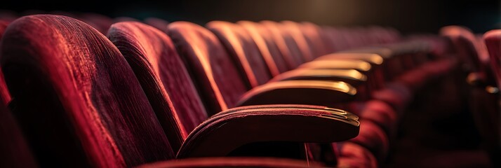 A close up of red cushioned seats in a row inside a theater or cinema hall with dramatic lighting