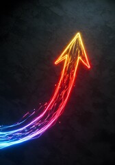 progress, and innovation, its trail a vibrant, dynamic stream of blue and red energy against a dark, textured, background. Symbolizing growth, Glowing arrow ascends
