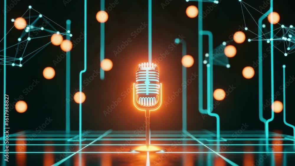 Poster a glowing microphone stands at the center of a futuristic digital stage surrounded by floating geome
