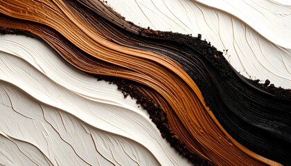 Lapisan tekstur abstrak yang menawan dari sapuan cat coklat kaya, hitam tua, dan putih krem dengan aksen tanah berpasir, memancarkan keanggunan dan kedalaman modern untuk proyek desain yang canggih.