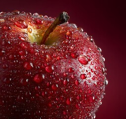 A close up of a red apple covered in water droplets against a dark reddish maroon background surface