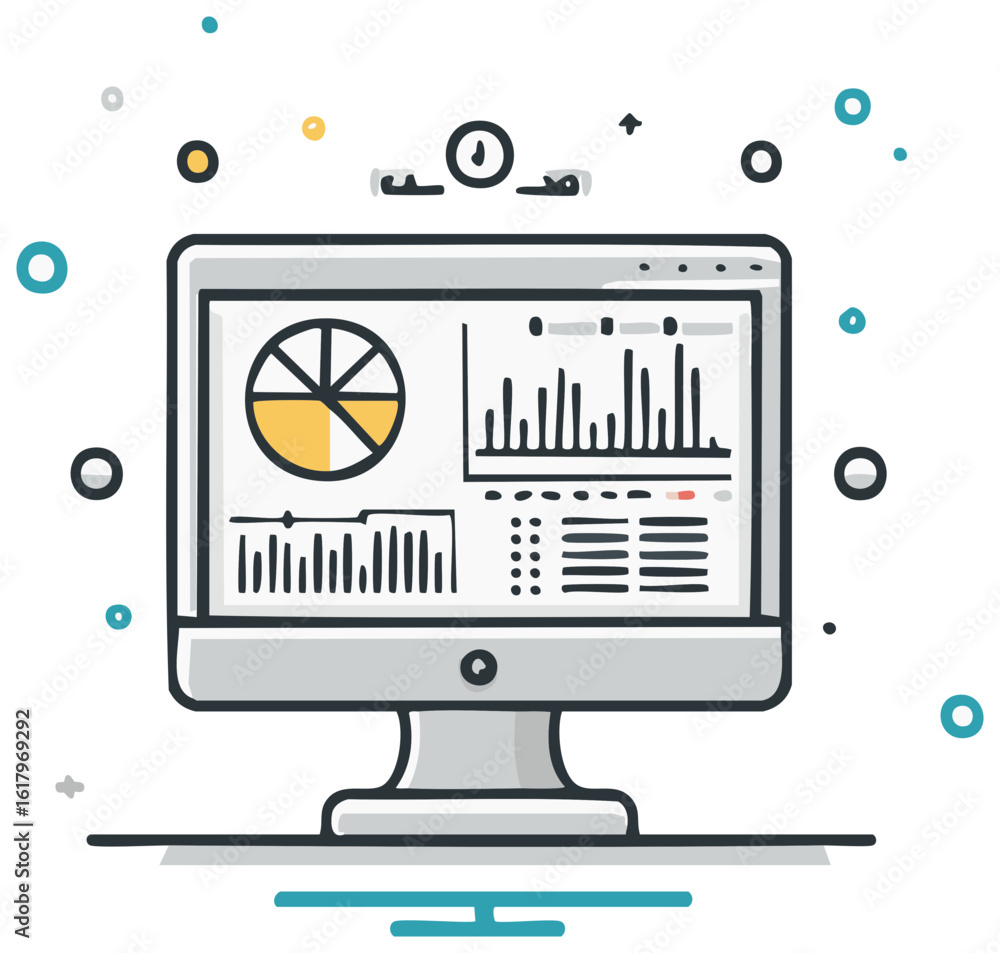 Poster computer screen displaying financial data, stock charts, diagrams and statistics