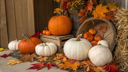 A seasonal still life of fresh orange pumpkins and gourds amongst autumn leaves for a Halloween or Thanksgiving harvest
