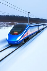 Naklejka premium Futuristic High-Speed Snow Train Traveling Through a Winter Landscape on an Advanced Railway System