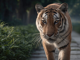 Obraz premium Majestic Bengal tiger walking forest path intense gaze orange black stripe wild animal nature predator powerful alert morning light