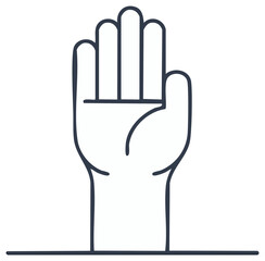 Minimalist line art drawing of an upright human hand presenting an open palm for communication or stop signal