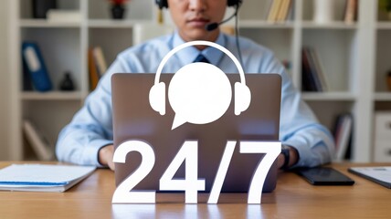 Delivering 24/7 Customer Support: A person wearing a headset with a prominent "24/7" icon, illustrating continuous service availability, rapid problem resolution, and client satisfaction